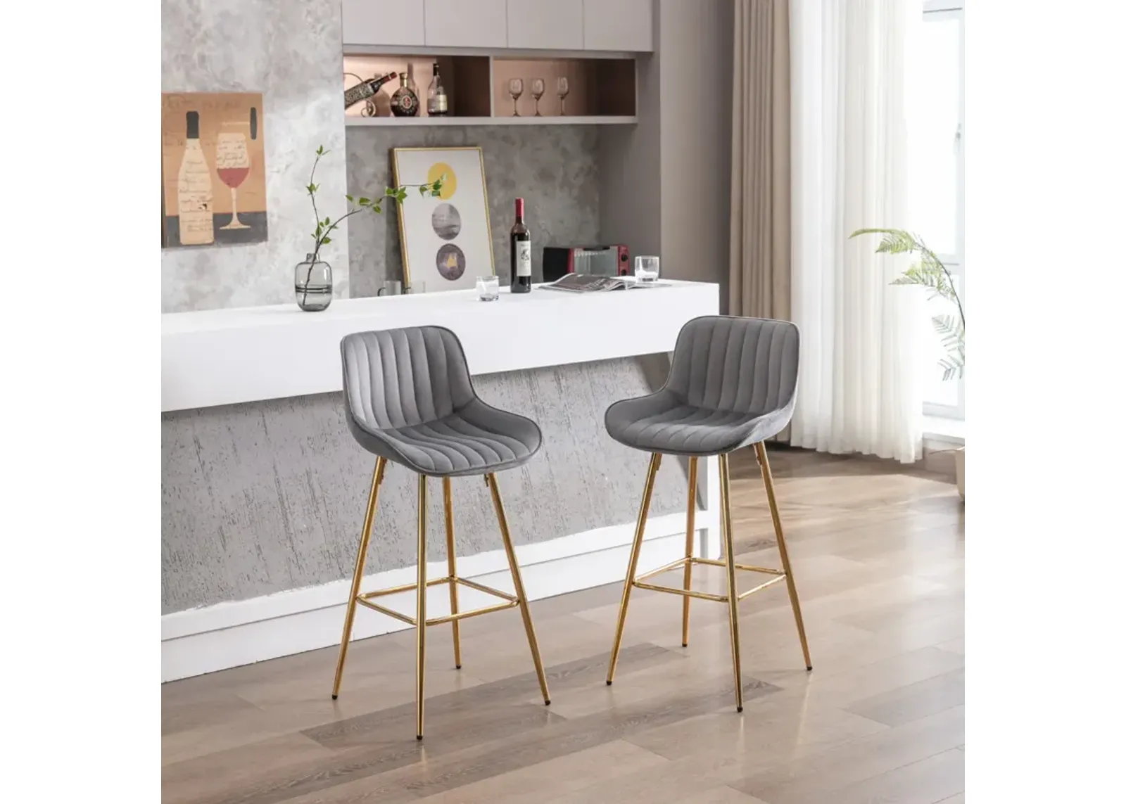 30 inch Set of 2 Bar Stools, with Chrome Footrest Velvet Fabric Counter Stool Golden Leg Simple High Bar Stool, GRAY