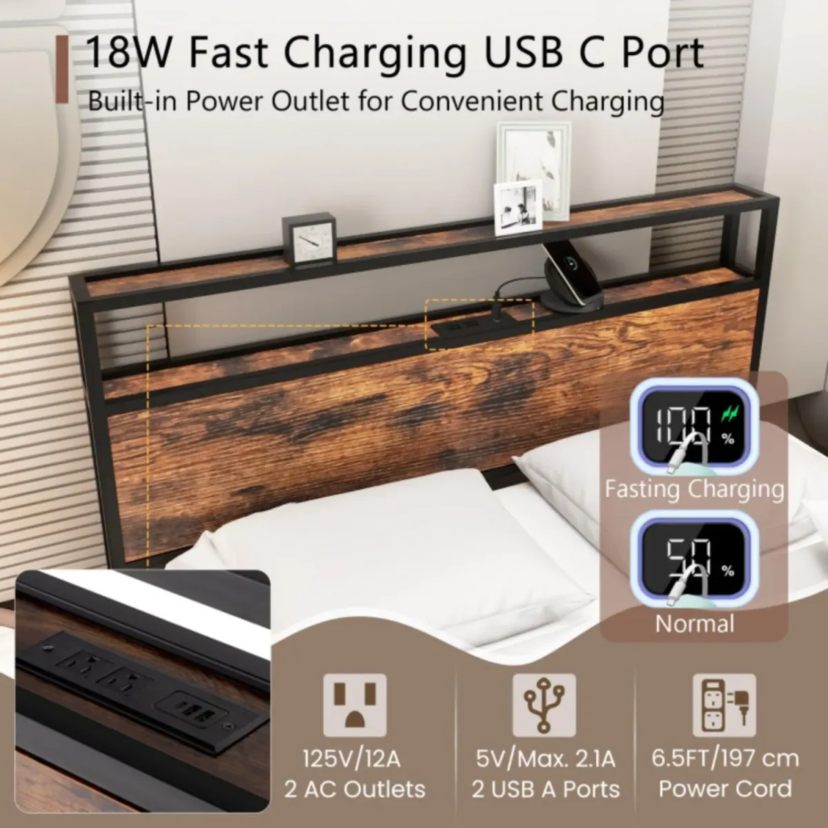 Hivvago Twin/Full/Queen Bed Frame with Storage Headboard and Charging Station