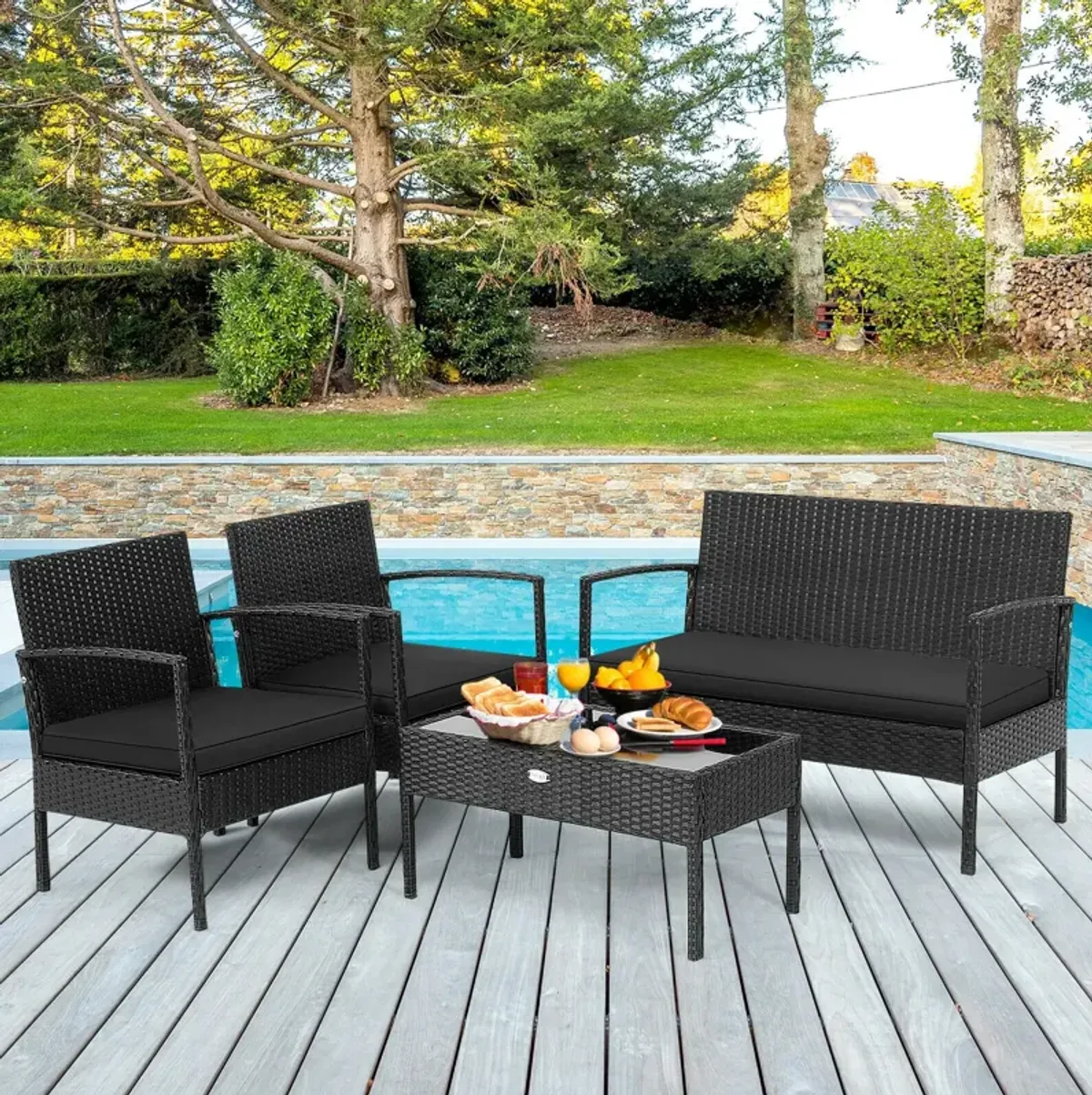 4 Pieces Patio Rattan Furniture Set with Cushion