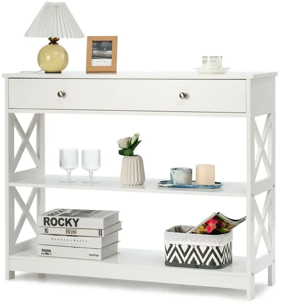 3-Tier Console Table with Drawers for Living Room Entryway-White