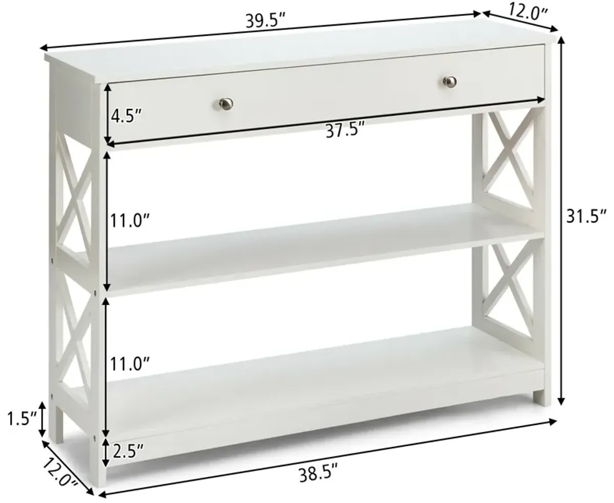 3-Tier Console Table with Drawers for Living Room Entryway-White