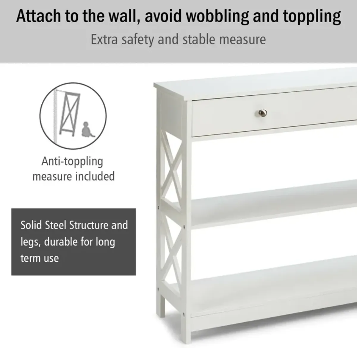 3-Tier Console Table with Drawers for Living Room Entryway-White