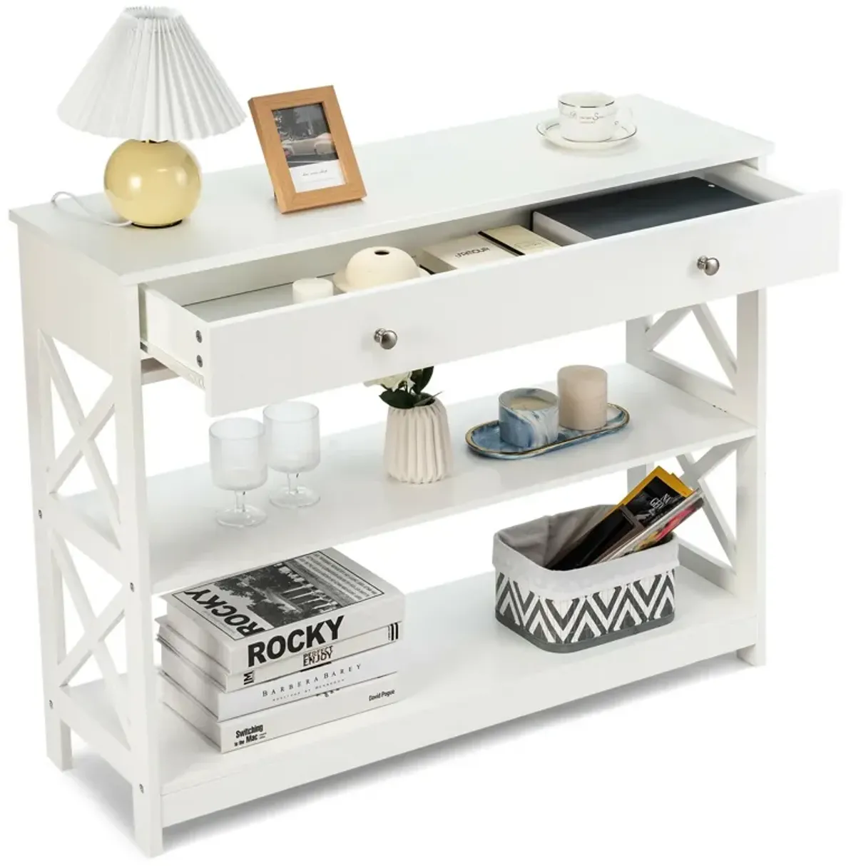 3-Tier Console Table with Drawers for Living Room Entryway-White