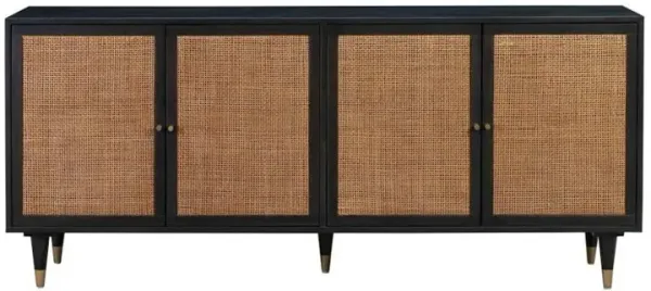 Starlight Canyon Home Black Rattan Cabinet With Doors And Brass Accents, A Boho Media Console
