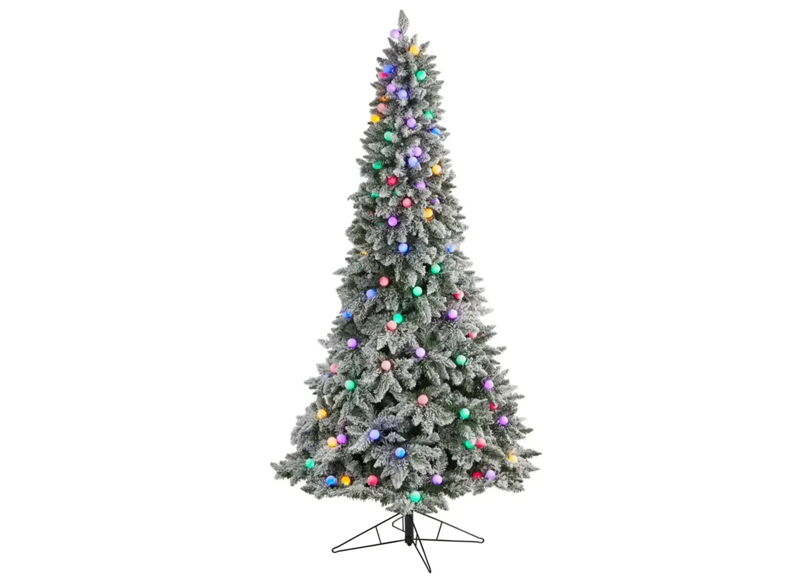 Nearly Natural 8.5-ft Flocked British Columbia Mountain Fir Artificial Christmas Tree with 120 Multi Color Globe Bulbs and 1513 Bendable Branches