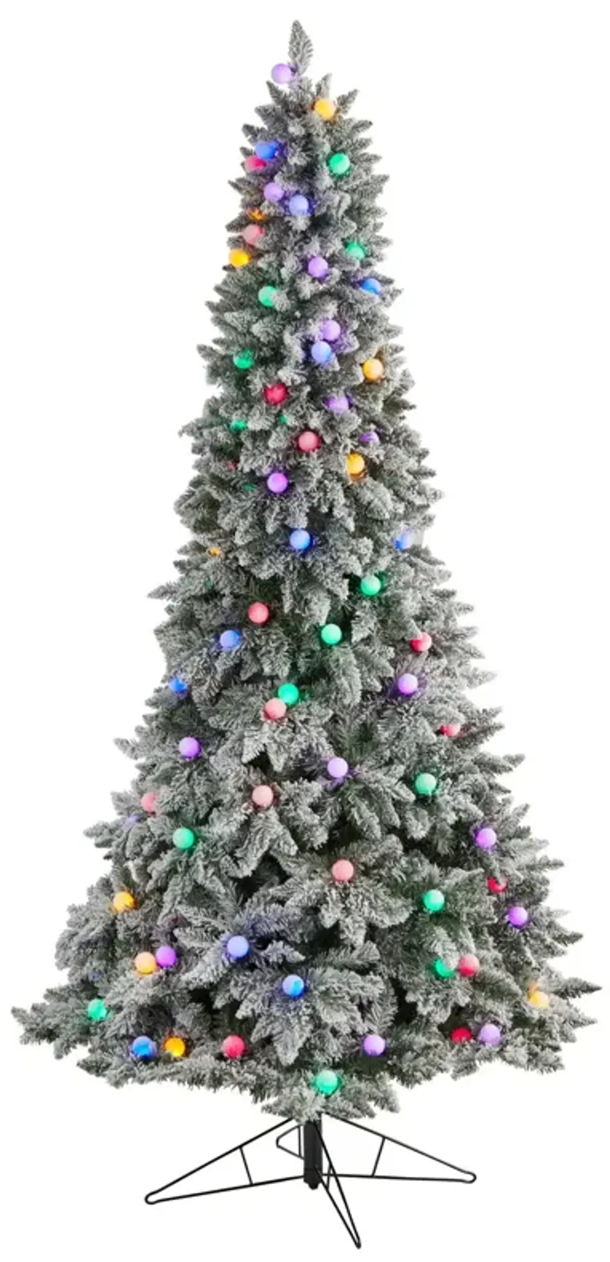 Nearly Natural 8.5-ft Flocked British Columbia Mountain Fir Artificial Christmas Tree with 120 Multi Color Globe Bulbs and 1513 Bendable Branches