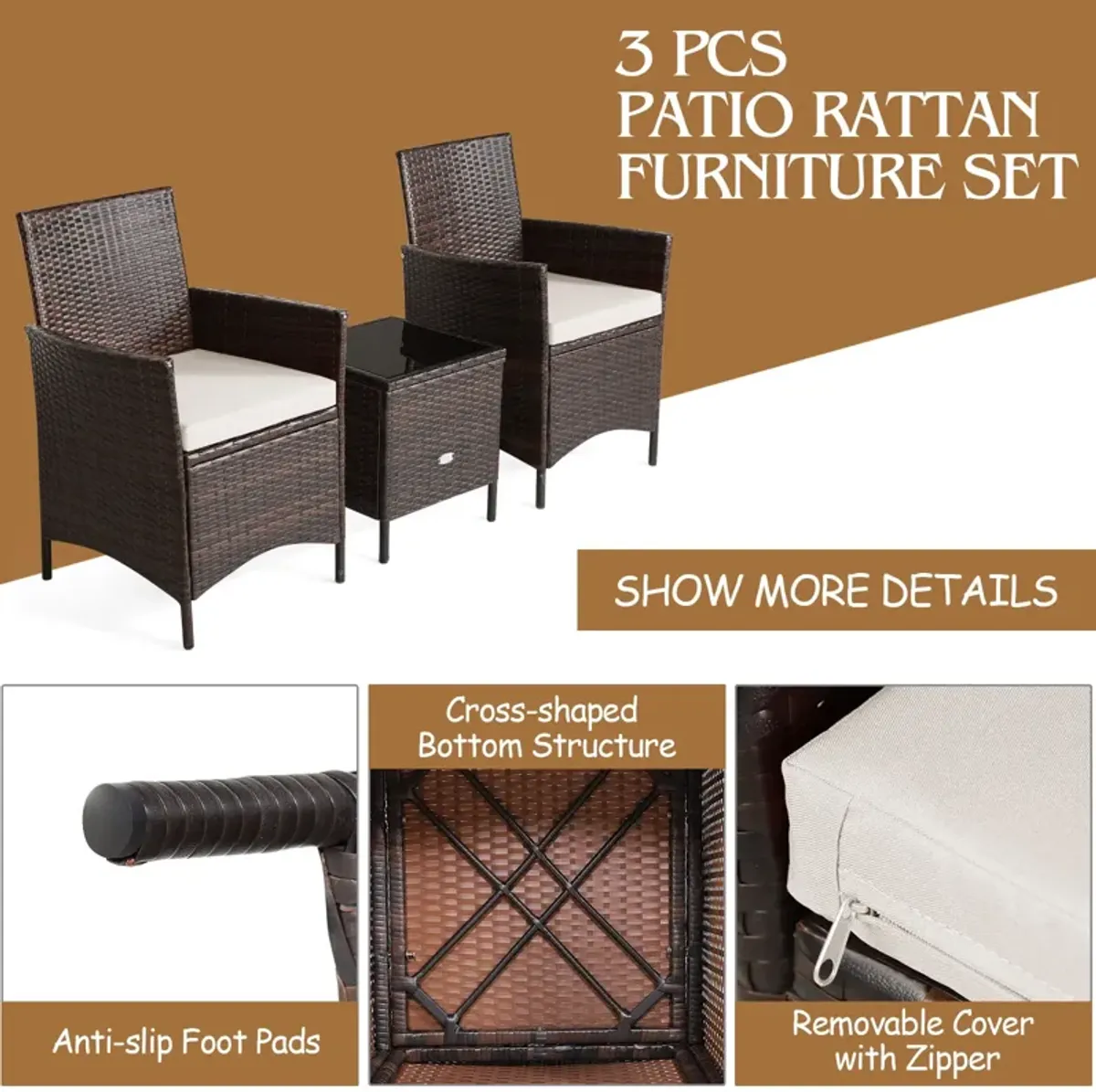 3 Pieces Patio Cushioned Rattan Converstaion Set With Glass Table Top