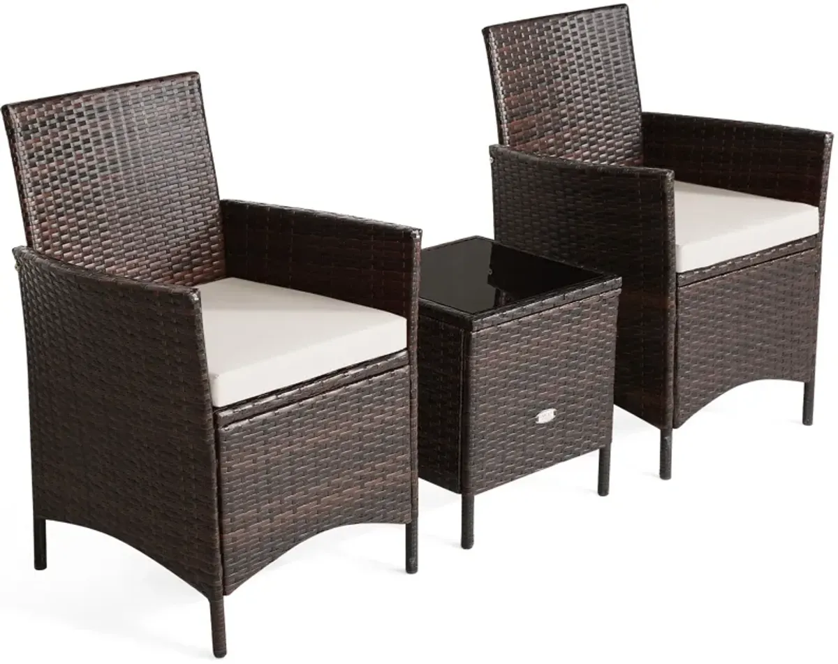 3 Pieces Patio Cushioned Rattan Converstaion Set With Glass Table Top