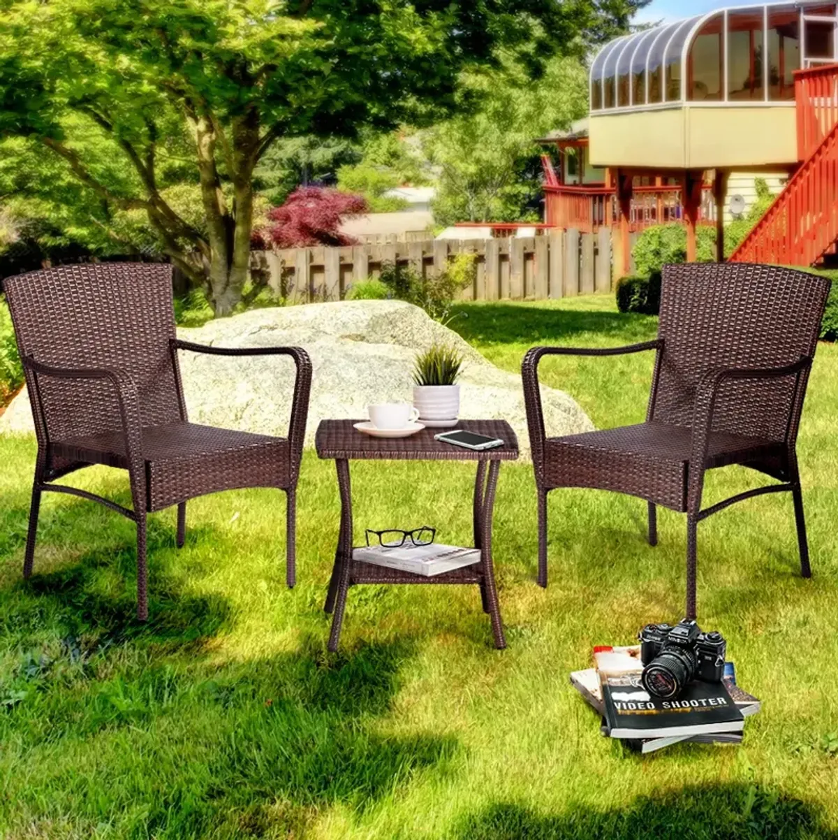 3 Piece Rattan Outdoor Seating Set - Brown