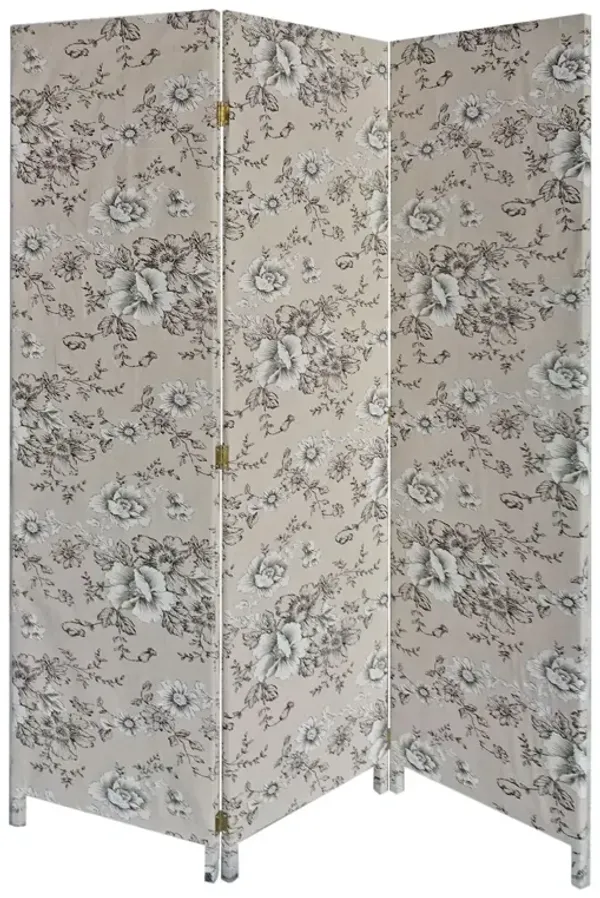 71 Inch 3 Panel Fabric Room Divider with Floral Print, Gray-Benzara