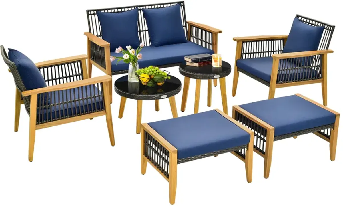 7 Piece Outdoor Conversation Set with Stable Acacia Wood Frame Cozy Seat & Back Cushions-Navy