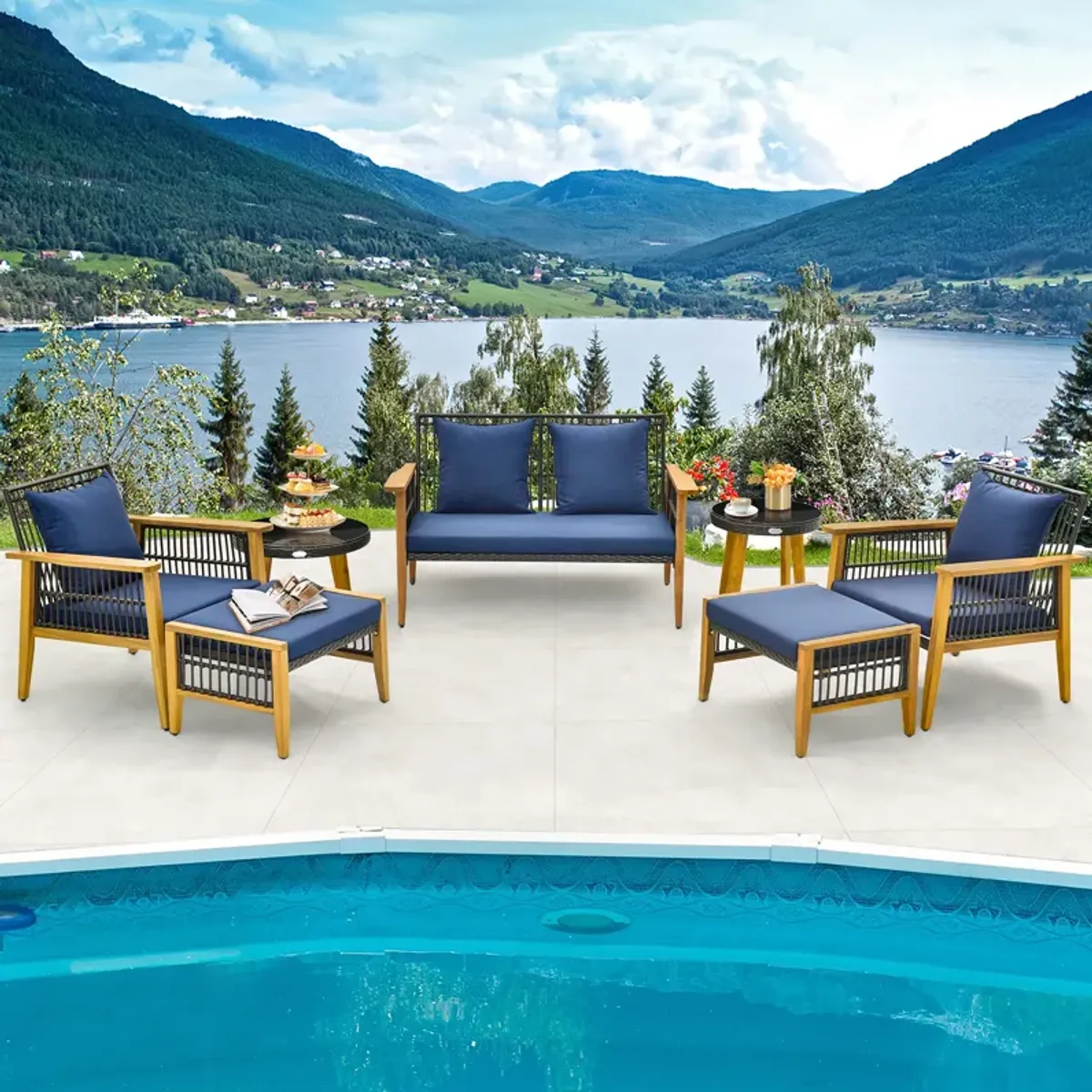 7 Piece Outdoor Conversation Set with Stable Acacia Wood Frame Cozy Seat & Back Cushions-Navy