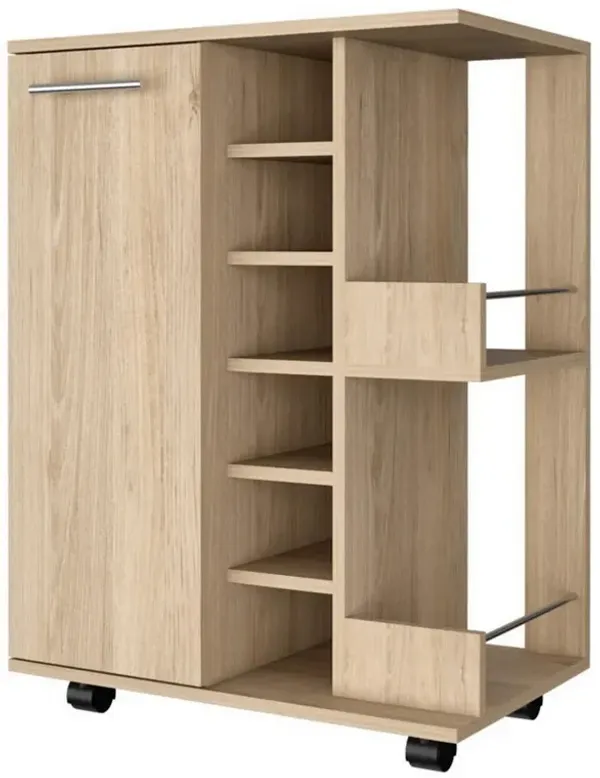 28 Inch Modern Bar Cabinet, 6 Compartments, Laminate Finish, Oak Brown-Benzara