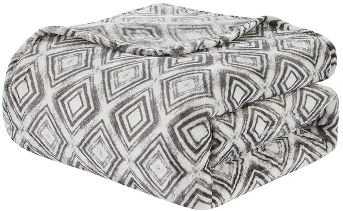 Plazatex Luxurious Ultra Soft Lightweight Peralto Printed Bed Blanket White/Grey 90" x 90"