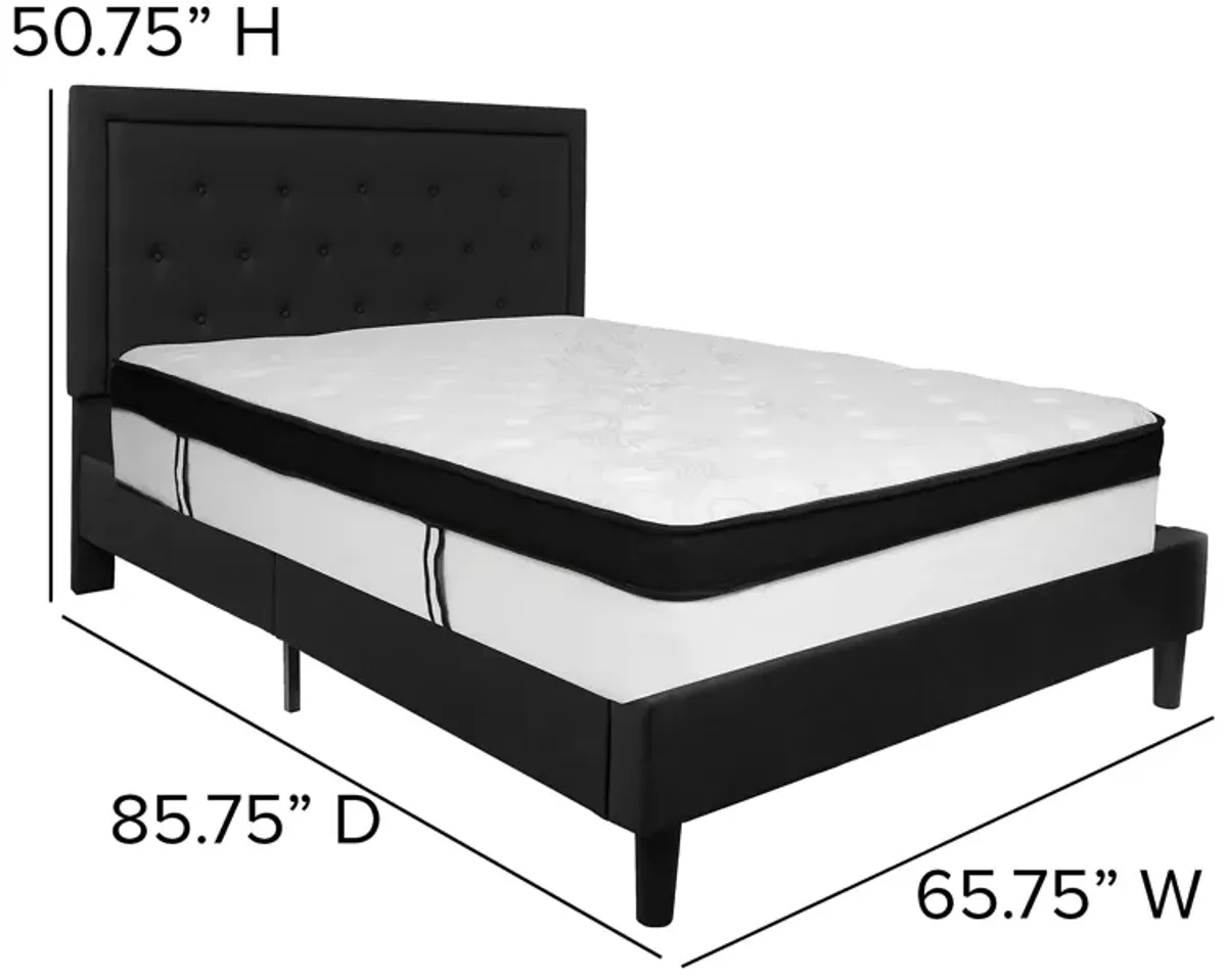 Roxbury Queen Size Tufted Upholstered Platform Bed in Black Fabric with Memory Foam Mattress