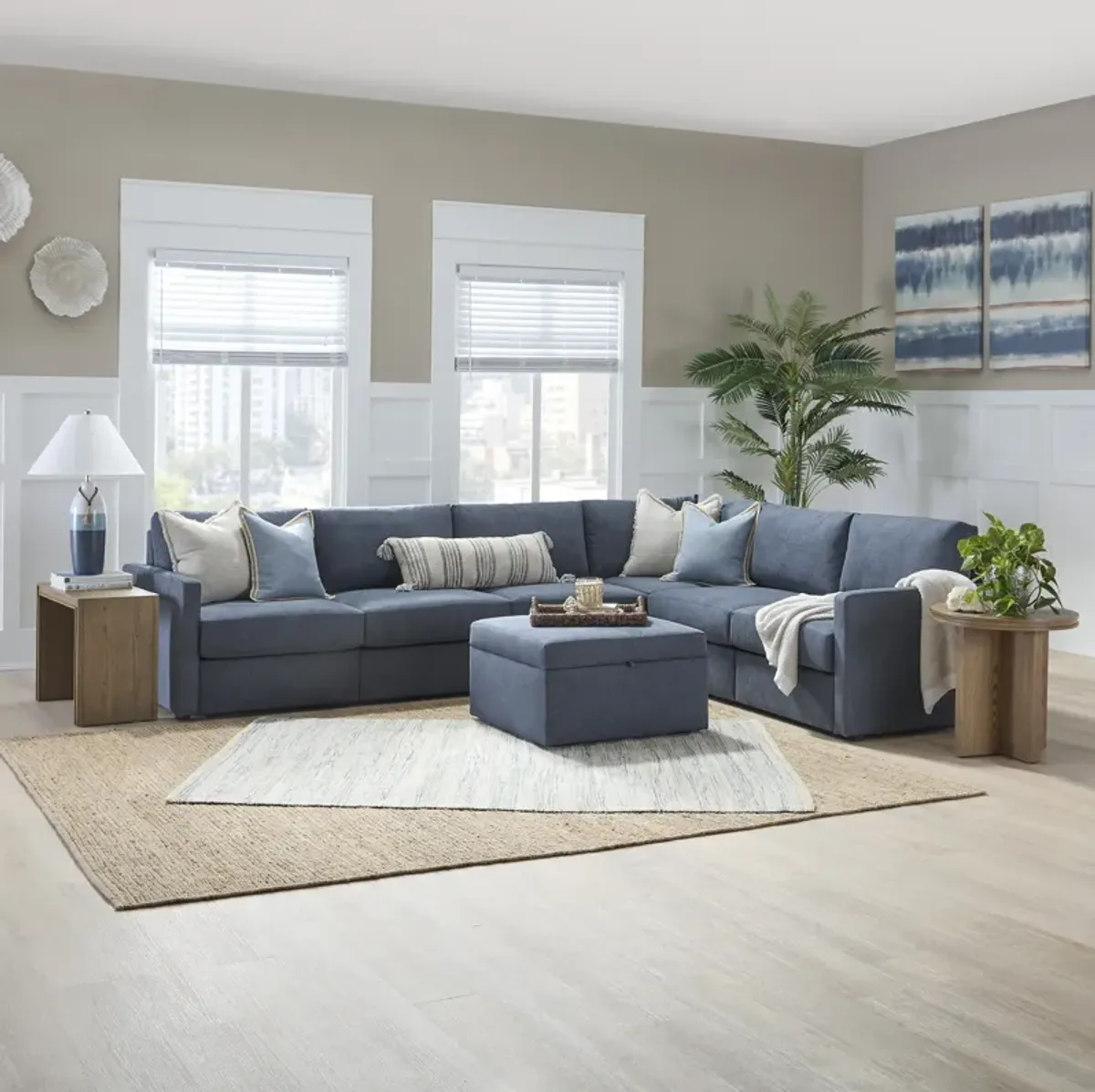 Flex Denim 6-Seat Sectional with Narrow Arm and Storage Ottoman