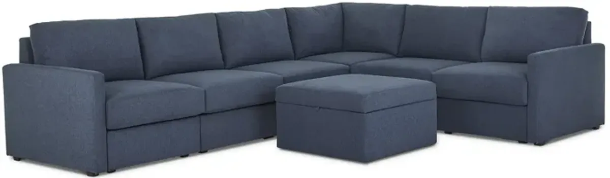 Flex Denim 6-Seat Sectional with Narrow Arm and Storage Ottoman