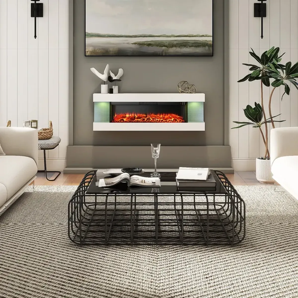 MONDAWE Stylish Electric Fireplace Integrated 3-Sided Fireplace with 50" Suspended LED Light Mantel with Remote Control