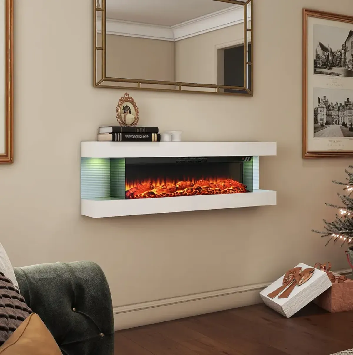 MONDAWE Stylish Electric Fireplace Integrated 3-Sided Fireplace with 50" Suspended LED Light Mantel with Remote Control