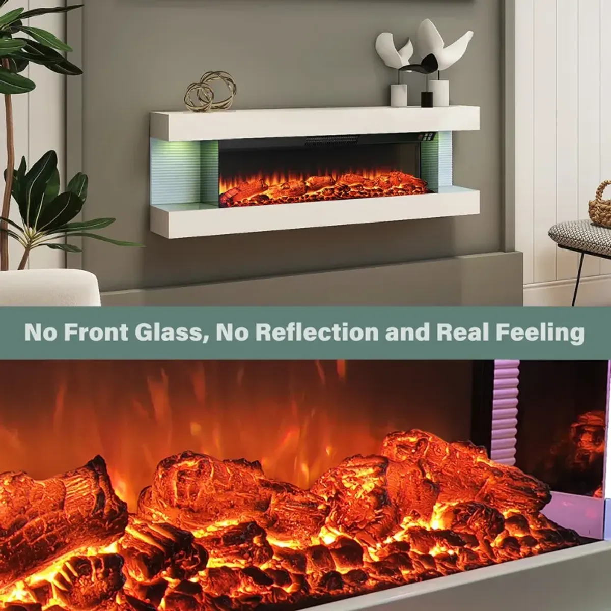 MONDAWE Stylish Electric Fireplace Integrated 3-Sided Fireplace with 50" Suspended LED Light Mantel with Remote Control