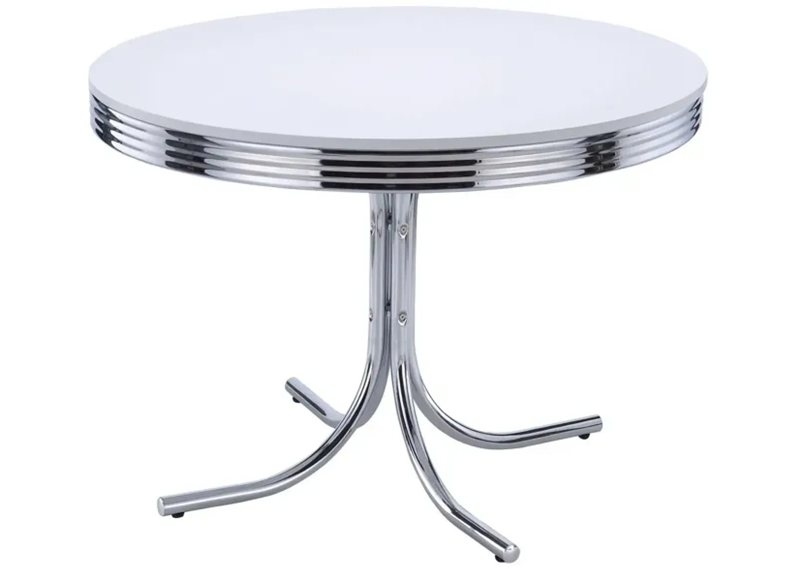 Loy 42 Inch Round Dining Table, Glossy White Wood Top, Ribbed Chrome Apron - Benzara