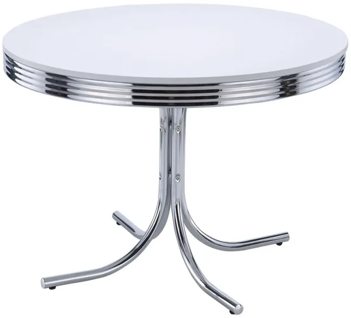 Loy 42 Inch Round Dining Table, Glossy White Wood Top, Ribbed Chrome Apron - Benzara