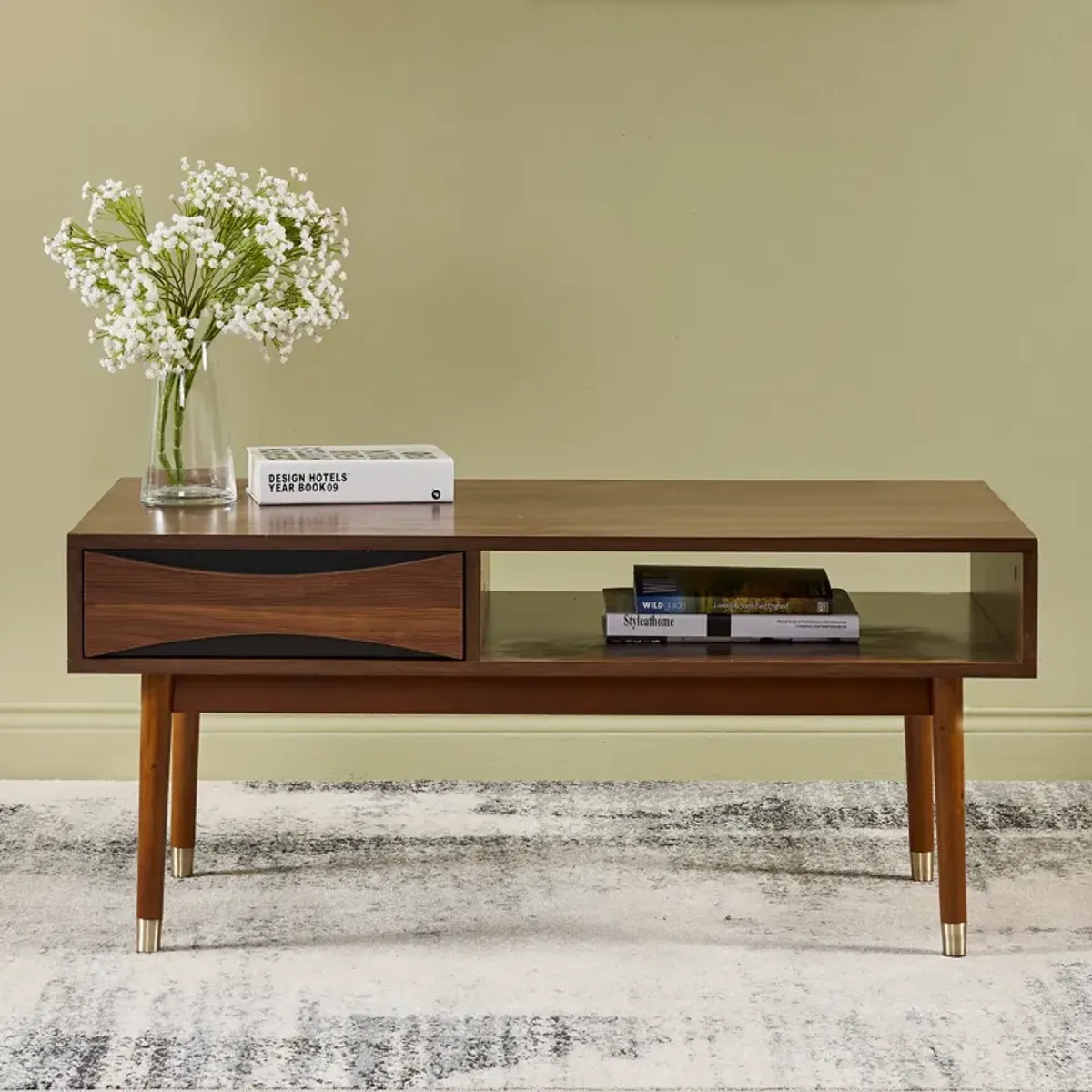 Teamson Home Dawson Modern Wooden Coffee Table with Storage, Walnut