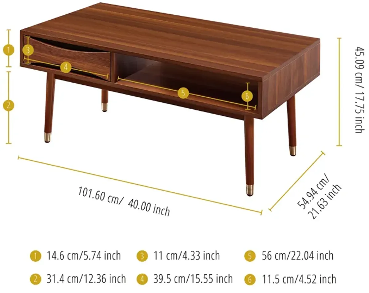 Teamson Home Dawson Modern Wooden Coffee Table with Storage, Walnut