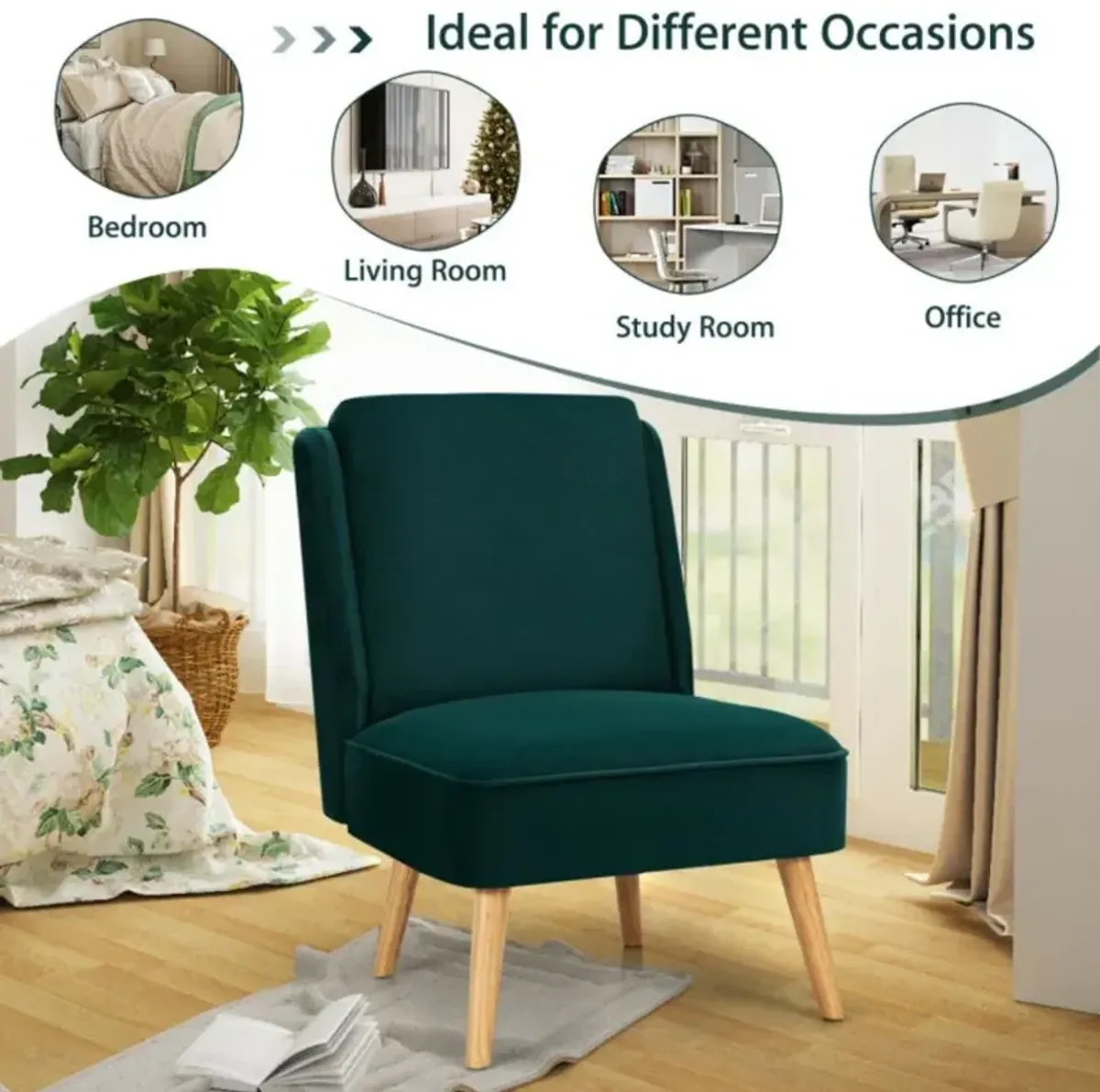 Hivvago Velvet Accent Armless Side Chair with Rubber Wood Legs for Bedroom