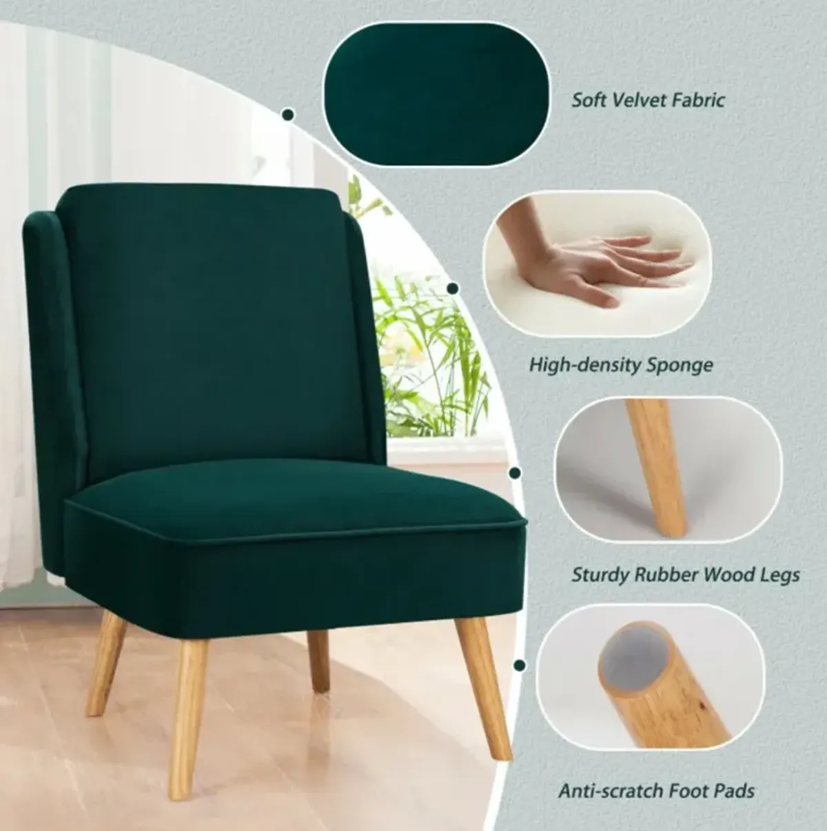 Hivvago Velvet Accent Armless Side Chair with Rubber Wood Legs for Bedroom