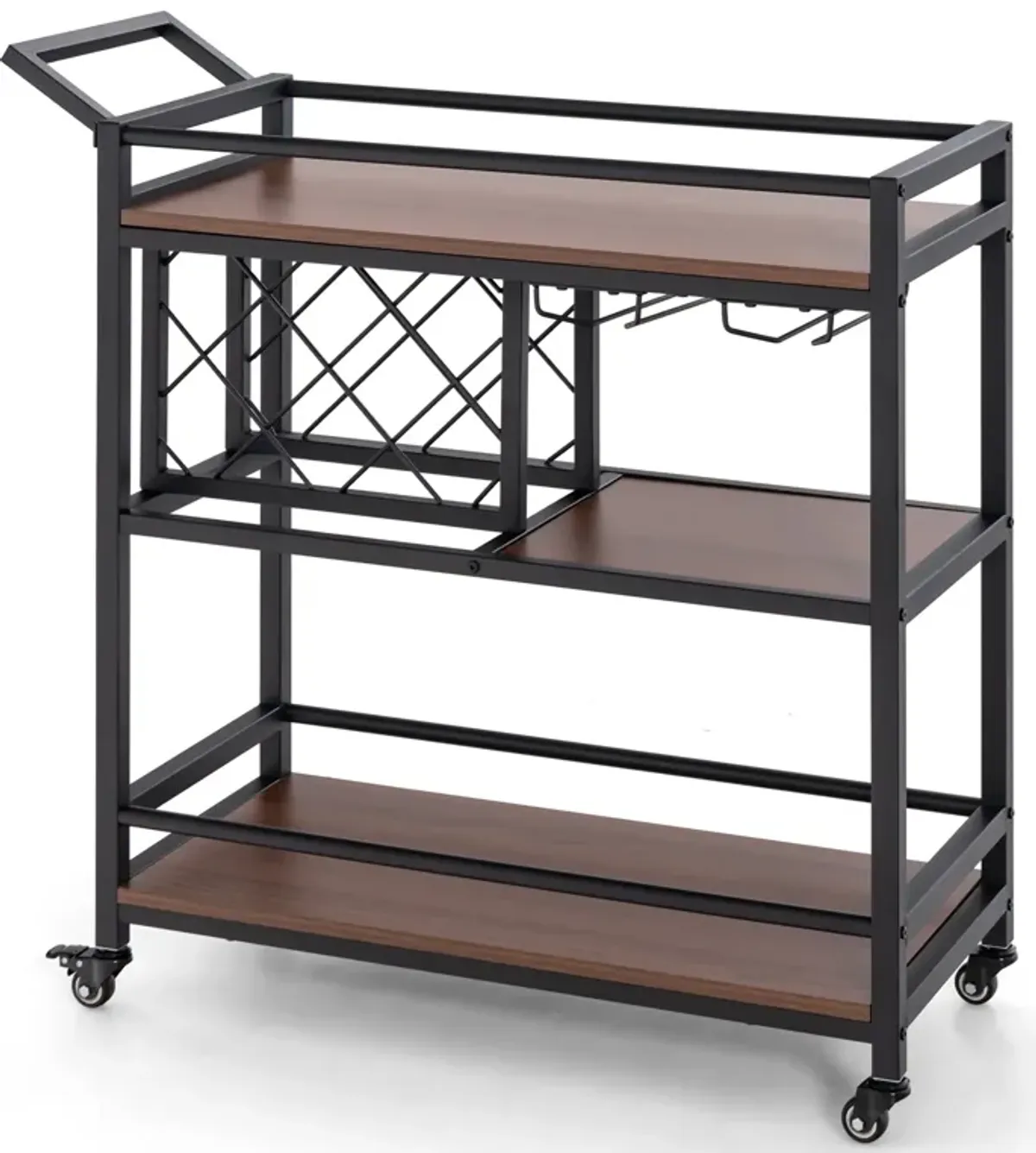 3-tier Bar Cart on Wheels Home Kitchen Serving Cart with Wine Rack and Glasses Holder