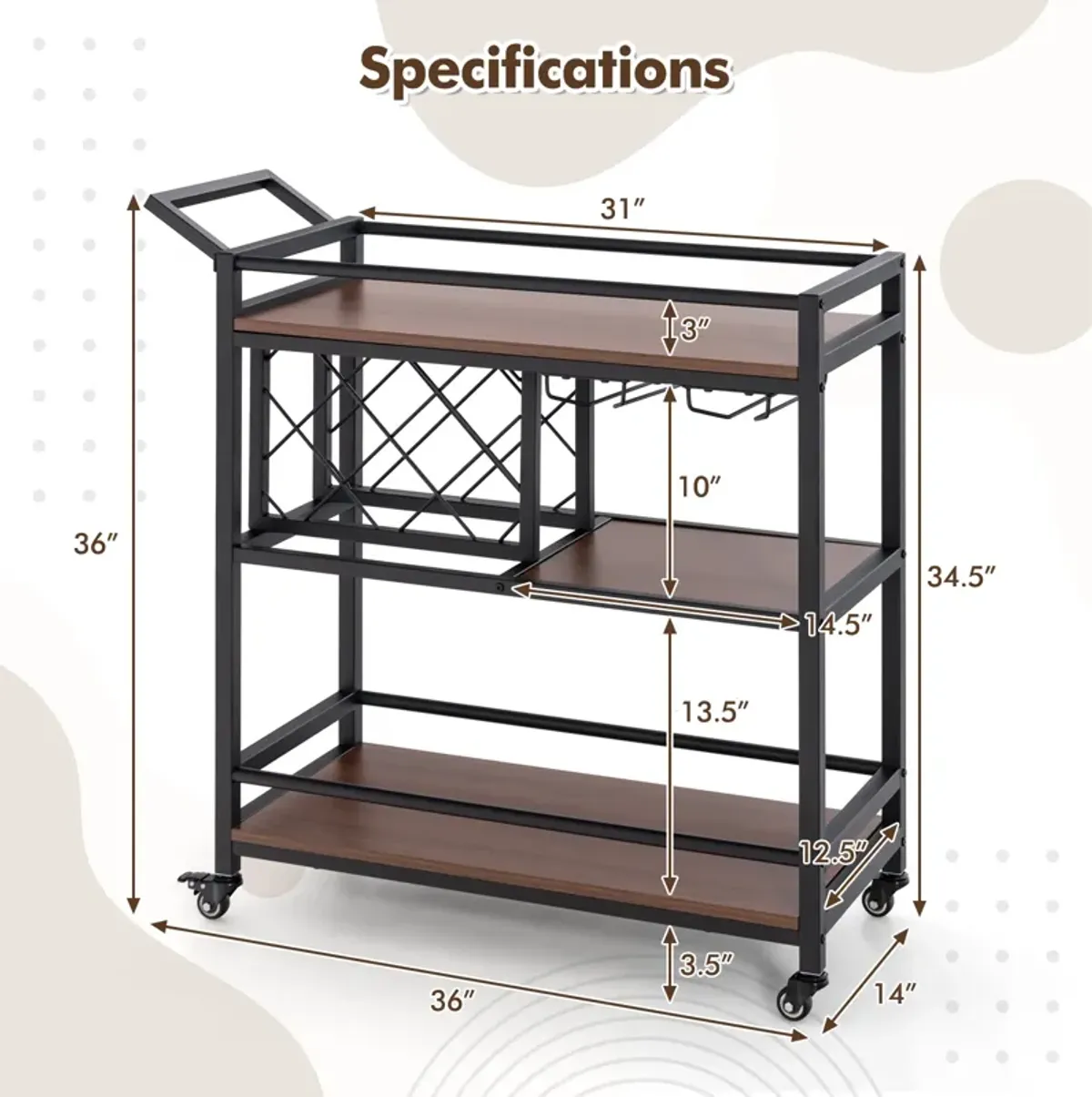 3-tier Bar Cart on Wheels Home Kitchen Serving Cart with Wine Rack and Glasses Holder