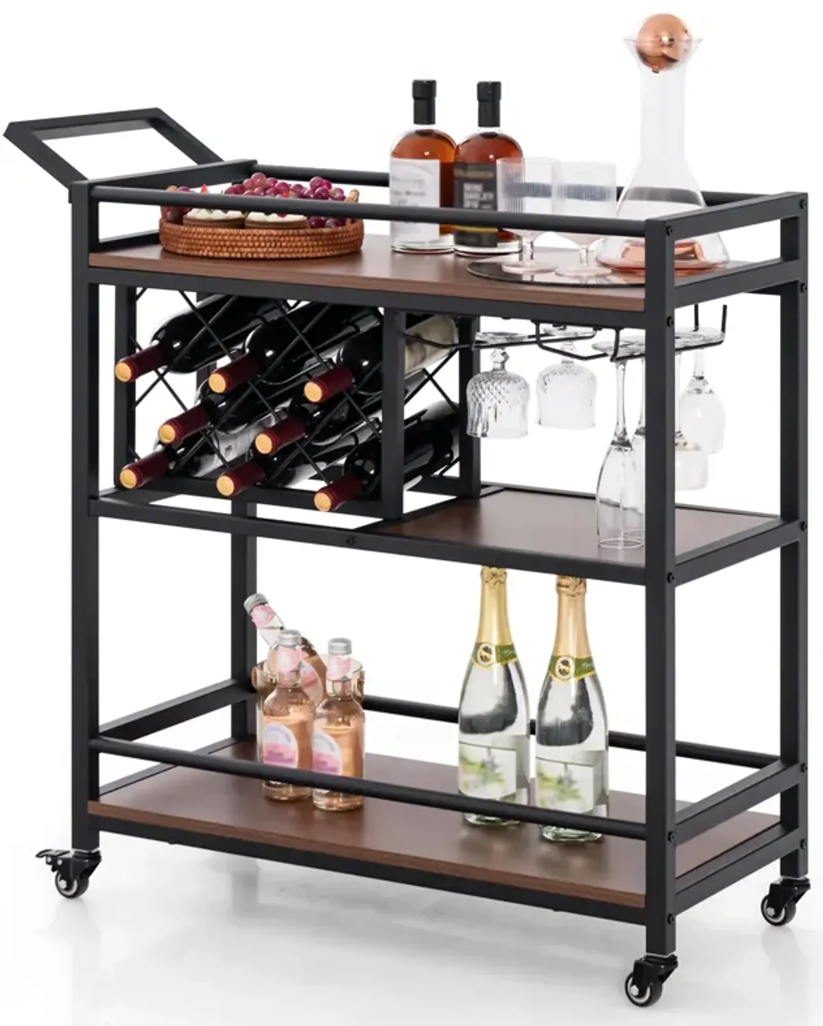 3-tier Bar Cart on Wheels Home Kitchen Serving Cart with Wine Rack and Glasses Holder