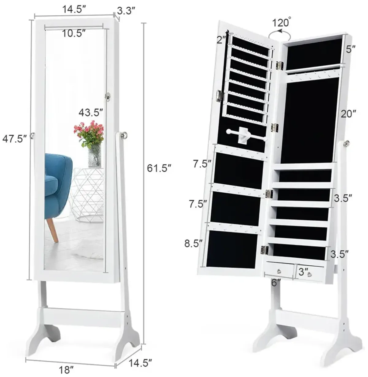 Lockable Mirrored Jewelry Cabinet Armoire Storage Organizer Box