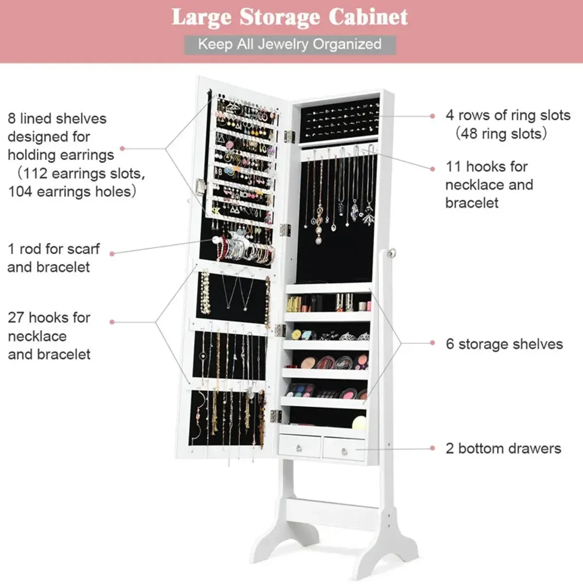 Lockable Mirrored Jewelry Cabinet Armoire Storage Organizer Box