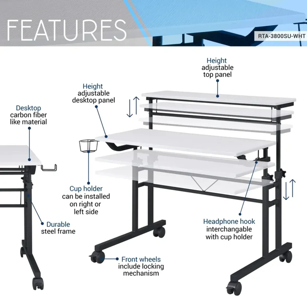 Rolling Writing Desk with Height Adjustable Desktop and Moveable Shelf, White