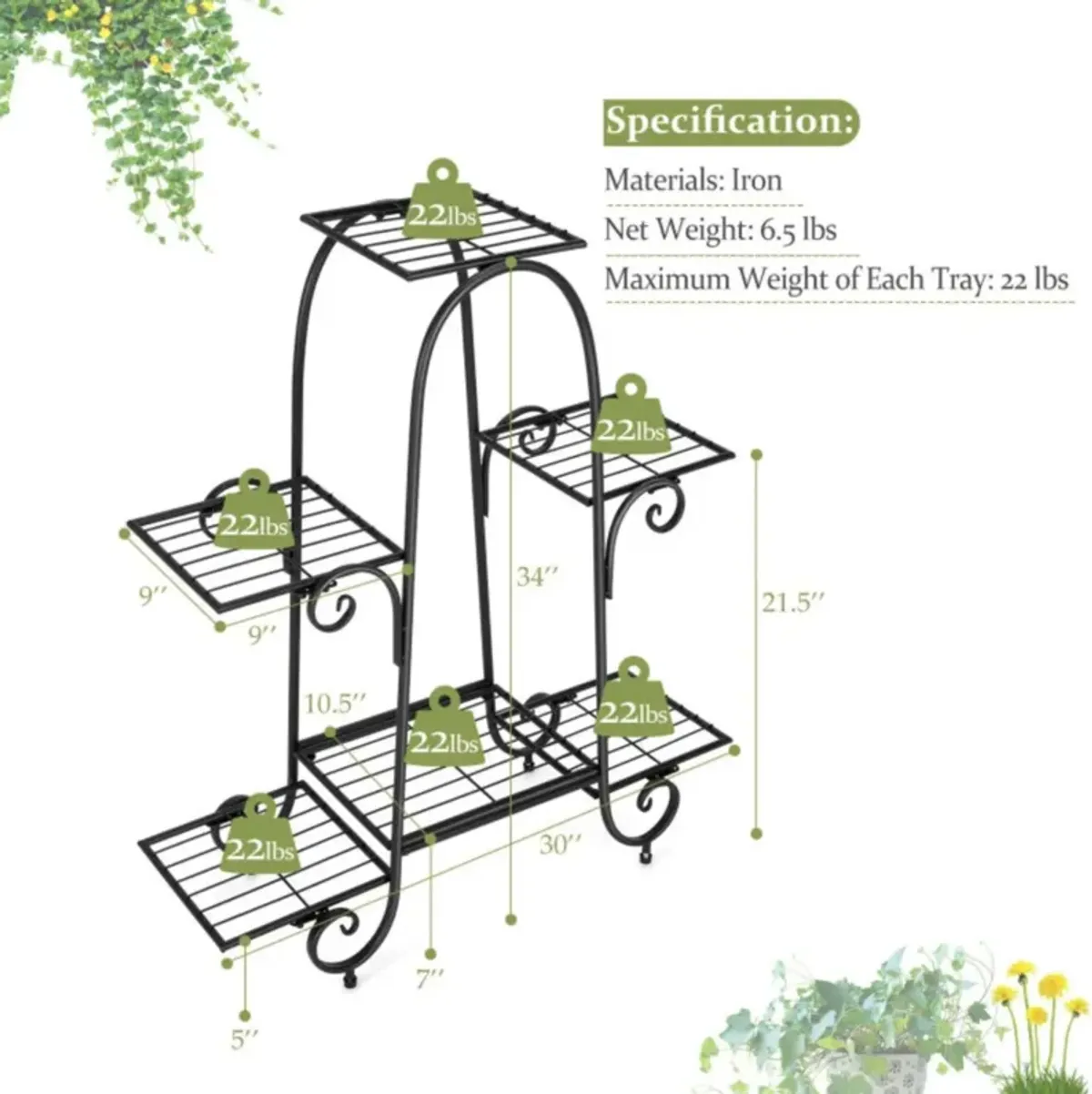 Hivvago 6-Tier Plant Stand with Adjustable Foot Pads-Black