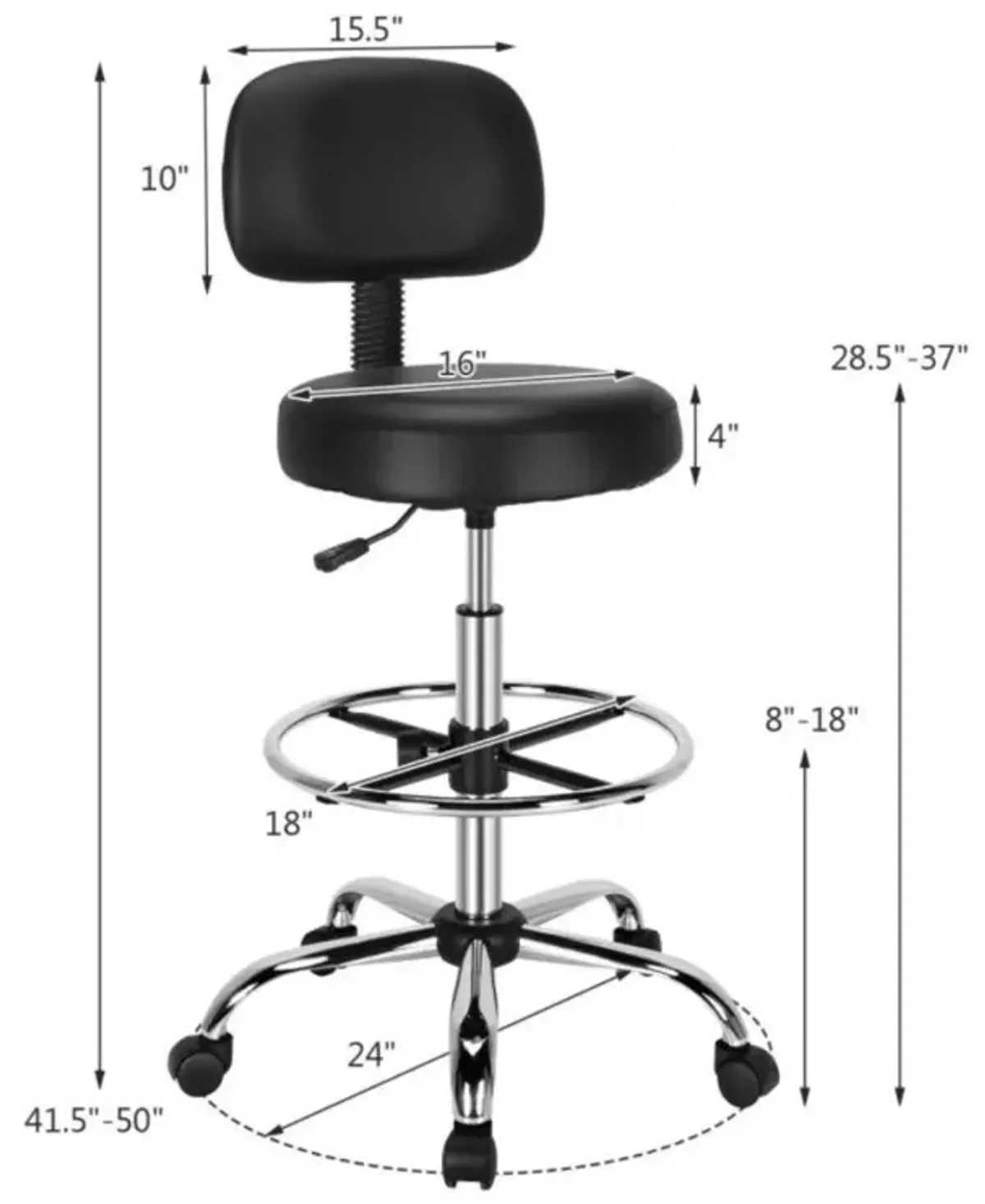 Hivvago Swivel Drafting Chair with Retractable Mid Back and Adjustable Foot Ring-Black