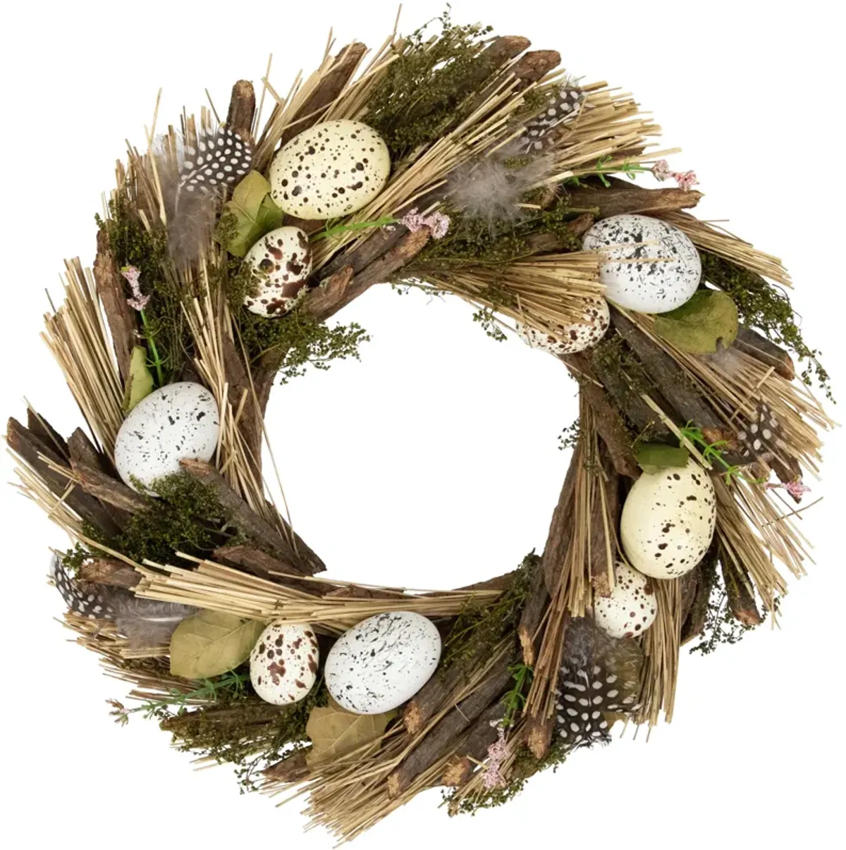 Speckled Eggs and Feathers Artificial Easter Wreath - 14"