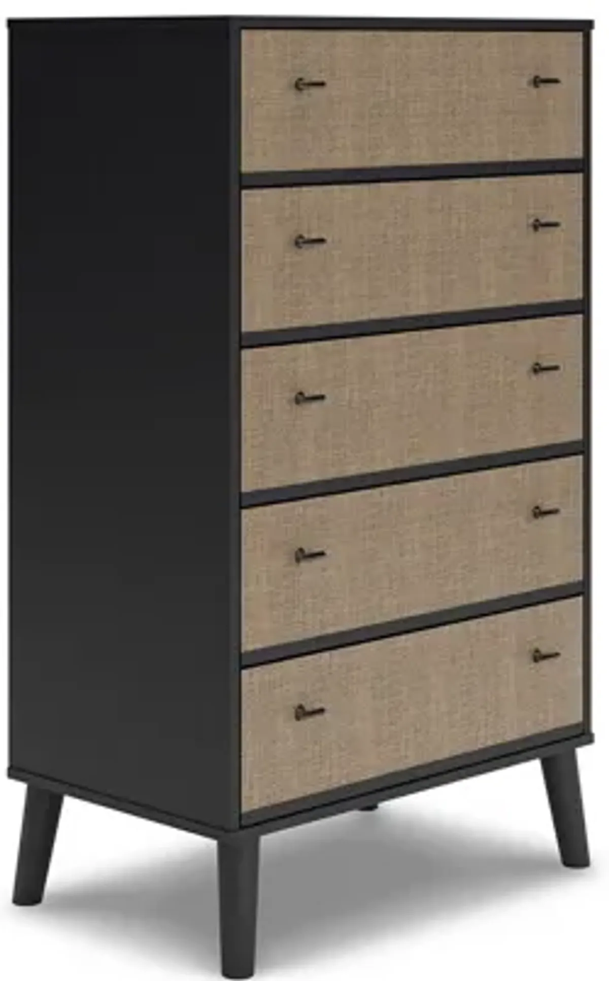 Hwan Tall Dresser Chest with 5 Drawers, Splayed Legs, Matte Black Wood - Benzara