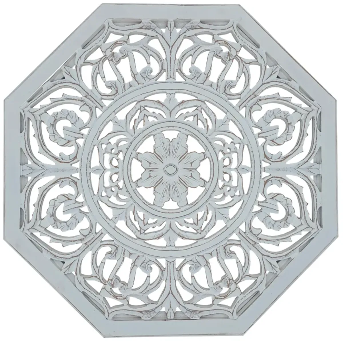 Nesting Coffee Tables, Set of 2, Handcrafted Carved Cut Out Floral Motifs, Antique White and Gray - Benzara