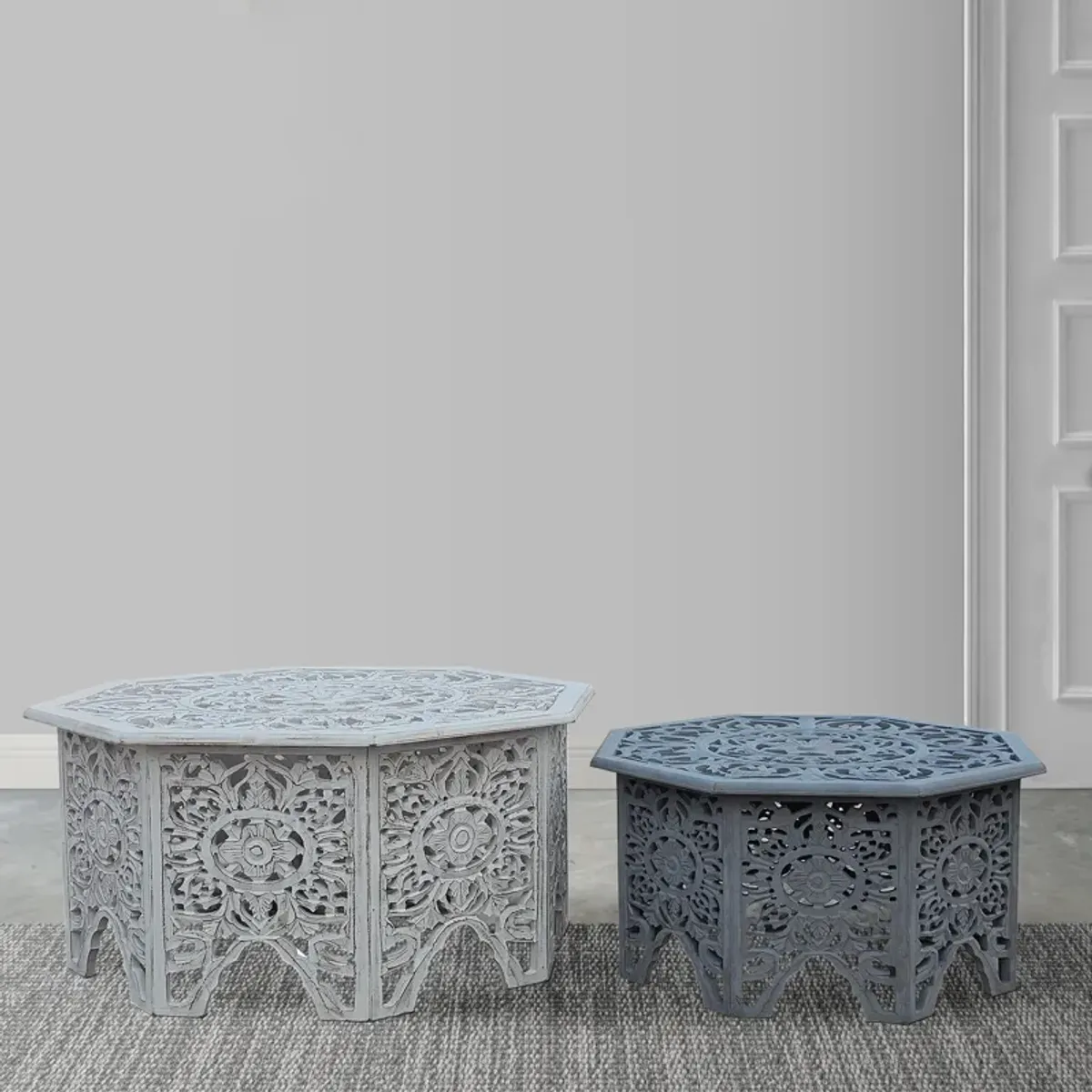 Nesting Coffee Tables, Set of 2, Handcrafted Carved Cut Out Floral Motifs, Antique White and Gray - Benzara