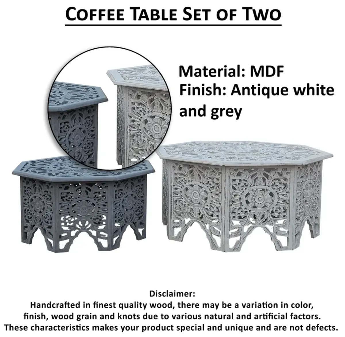 Nesting Coffee Tables, Set of 2, Handcrafted Carved Cut Out Floral Motifs, Antique White and Gray - Benzara