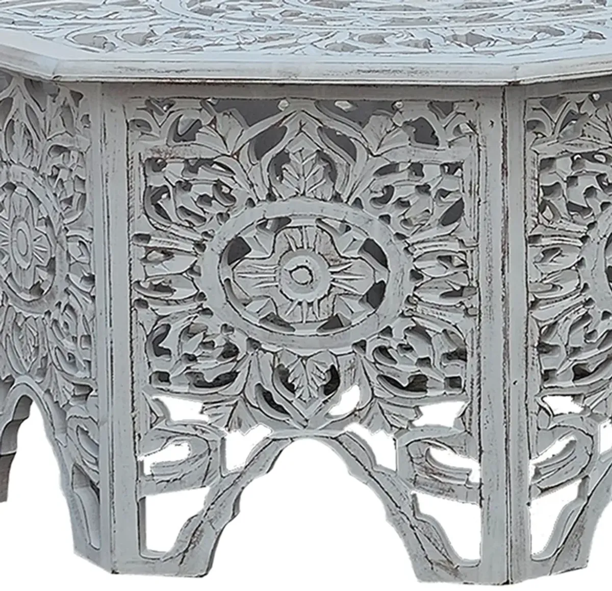 Nesting Coffee Tables, Set of 2, Handcrafted Carved Cut Out Floral Motifs, Antique White and Gray - Benzara