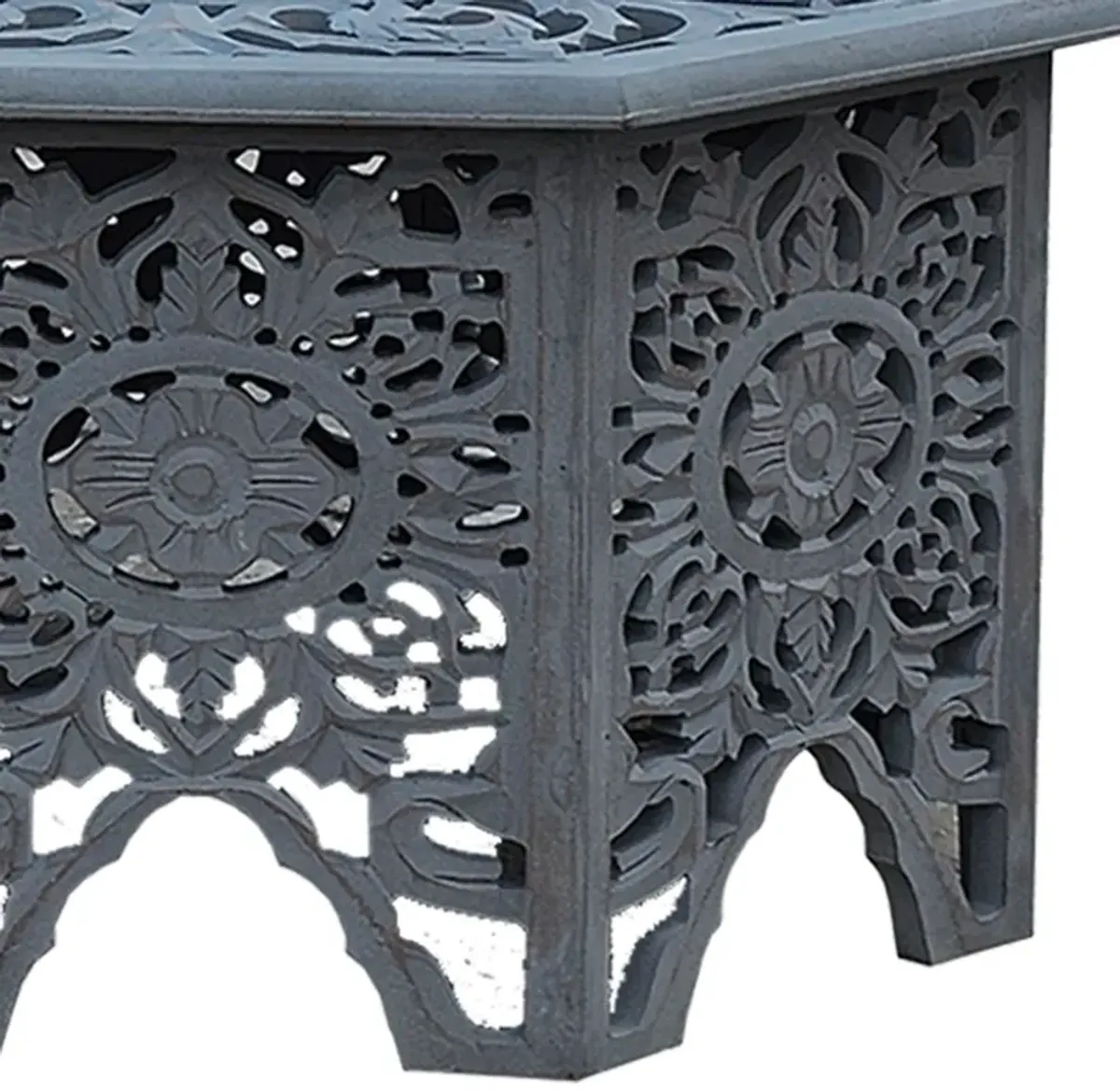 Nesting Coffee Tables, Set of 2, Handcrafted Carved Cut Out Floral Motifs, Antique White and Gray - Benzara