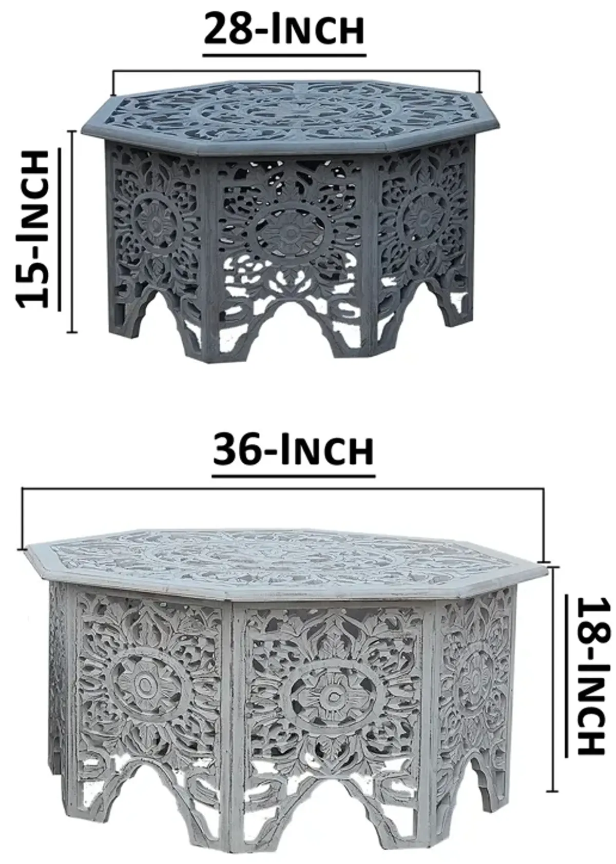 Nesting Coffee Tables, Set of 2, Handcrafted Carved Cut Out Floral Motifs, Antique White and Gray - Benzara