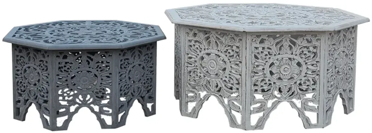 Nesting Coffee Tables, Set of 2, Handcrafted Carved Cut Out Floral Motifs, Antique White and Gray - Benzara