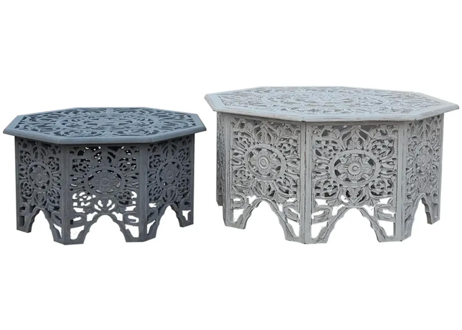 Nesting Coffee Tables, Set of 2, Handcrafted Carved Cut Out Floral Motifs, Antique White and Gray - Benzara