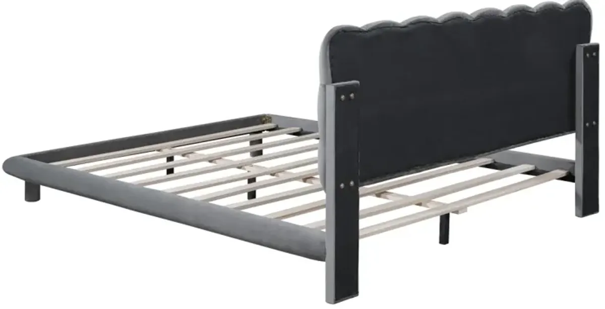 Gray Velvet Platform Bed with LED Frame