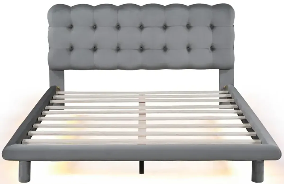 Gray Velvet Platform Bed with LED Frame